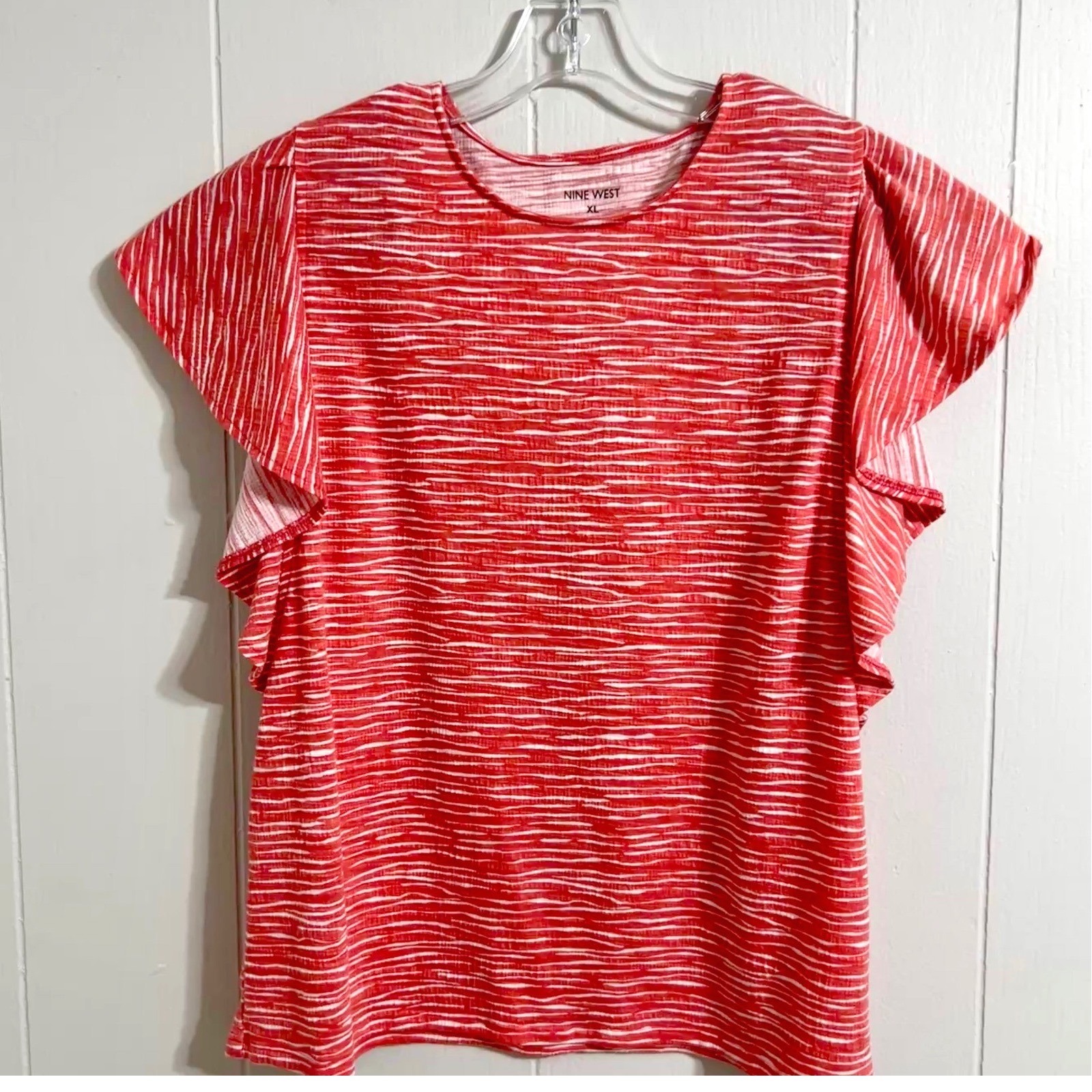Nine West Womens Xl Coral White Striped Flutter Sleeve Textured Knit Blouse Top